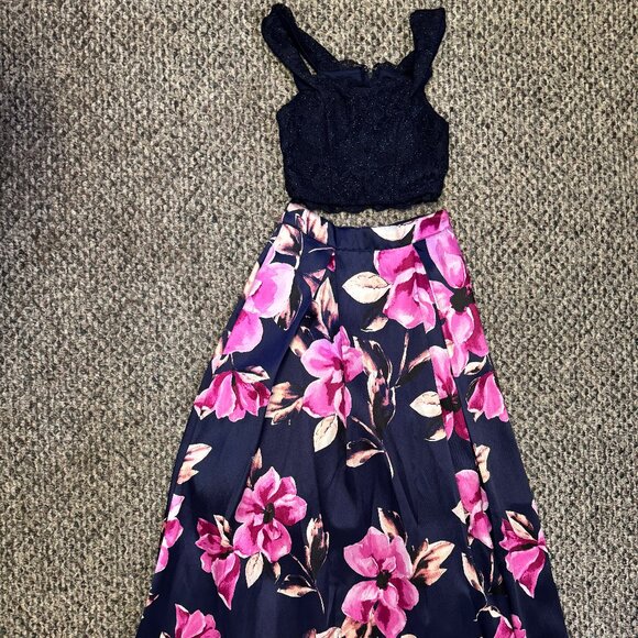 Speechless Two Piece Navy Floral Prom Dress Set - Juniors Size 1 - Picture 1 of 4